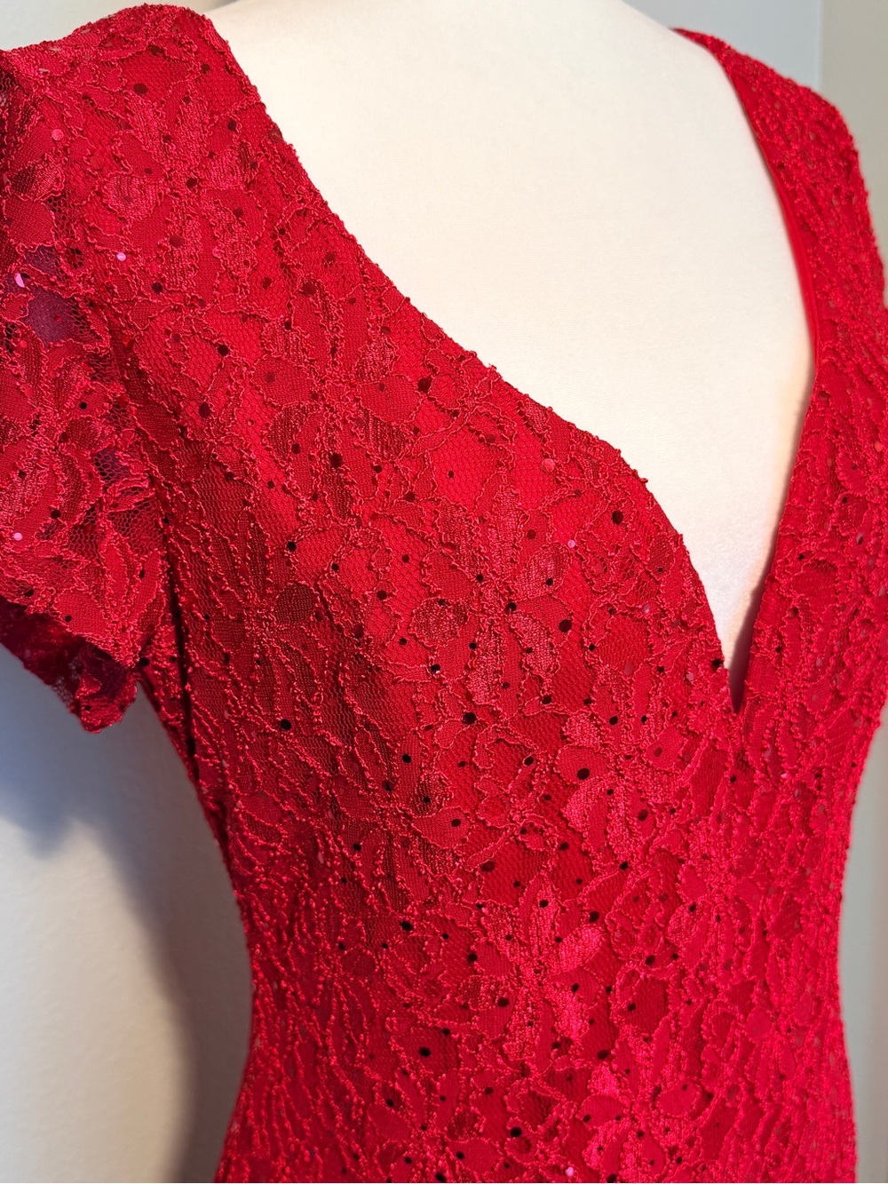 Connected Red Lace Formal Evening Gown Maxi Dress Slit V-Wire Size 10 - Picture 4 of 11
